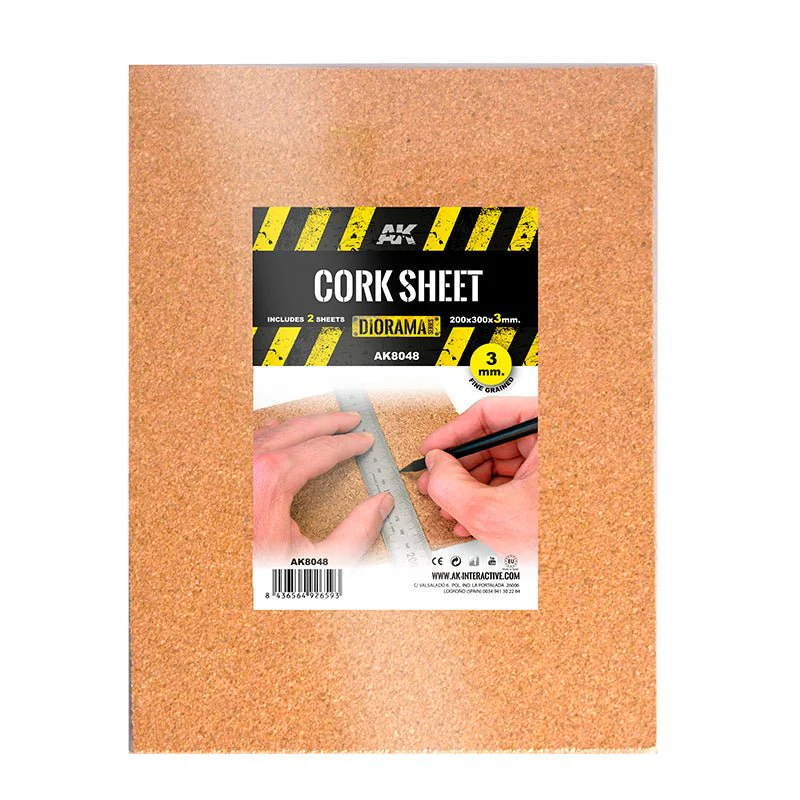 AK Interactive - Fine Grain Cork Sheets 200x300mm 3mm Thick (Pack of 2) (AK8048)