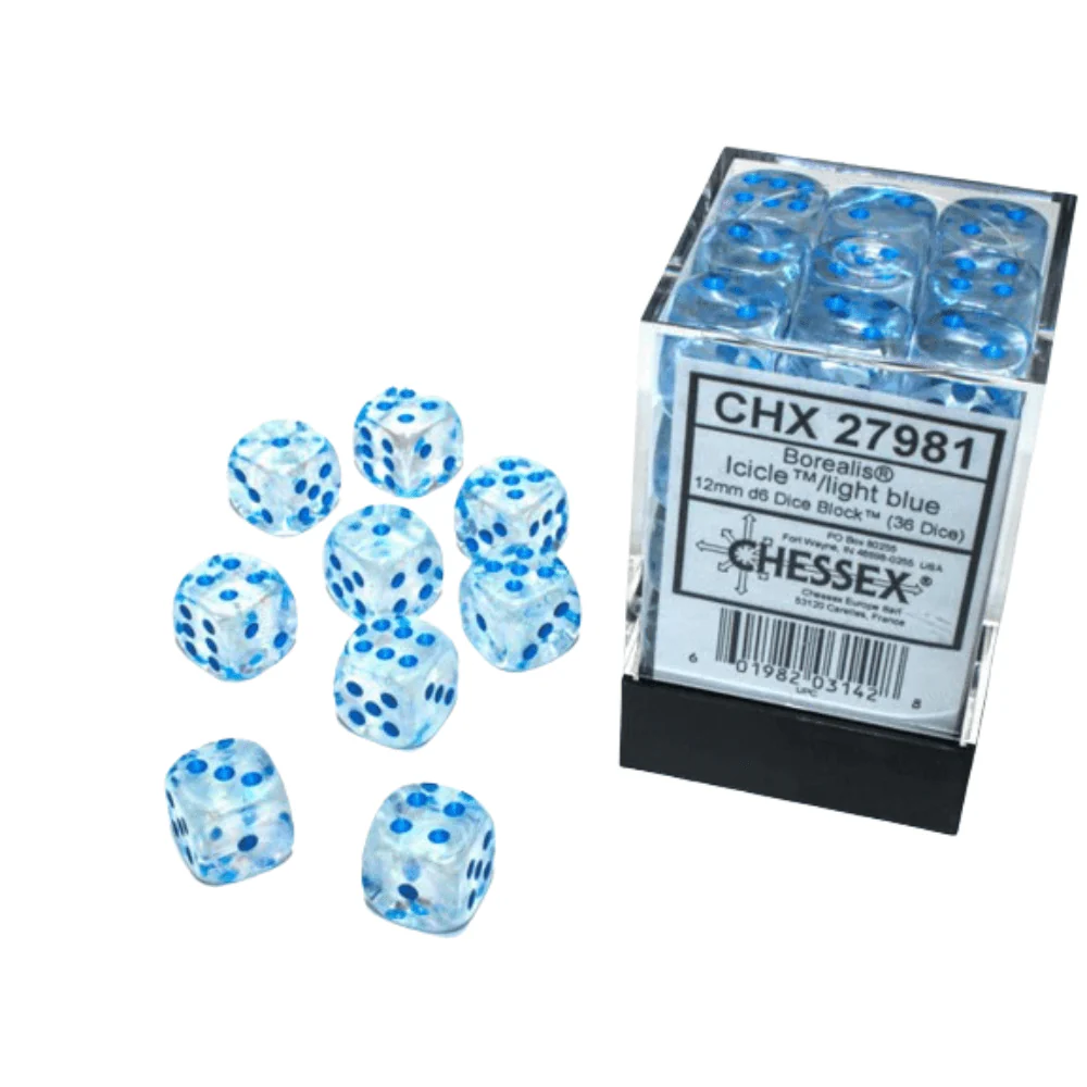 Chessex - Borealis 12mm D6 Dice Block - Luminary Icicle/light blue Luminary Dice Block