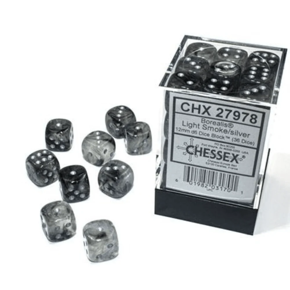 Chessex - Borealis 12mm D6 Dice Block - Luminary Light Smoke Silver Dice Block