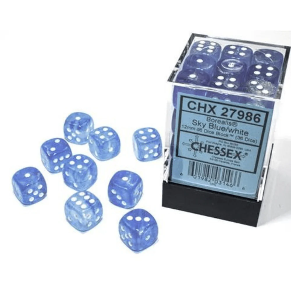 Chessex - Borealis 12mm D6 Dice Block - Luminary Sky Blue & White Dice Block