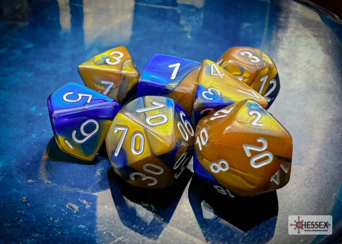 Chessex - Gemini Polyhedral 7 Dice Set - Blue, Gold with White - Image 3