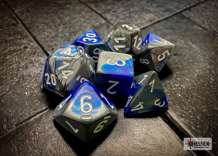 Chessex - Gemini Polyhedral 7 Dice Set - Blue, Steel with White - Image 2