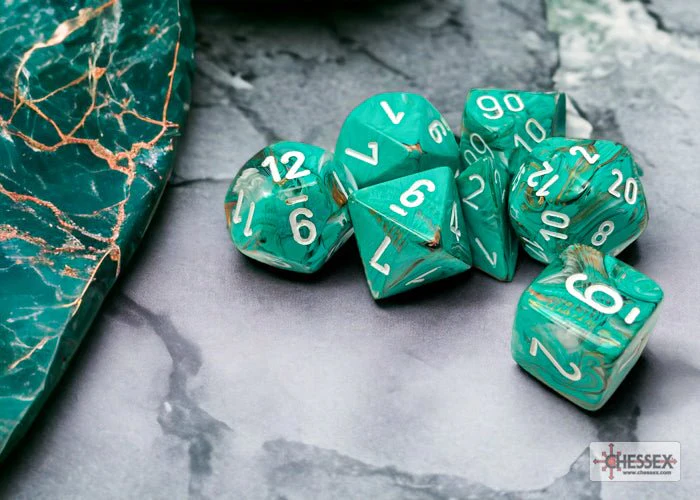 Chessex - Marble Polyhedral 7 Dice Set - Oxi-Copper & White - Image 2
