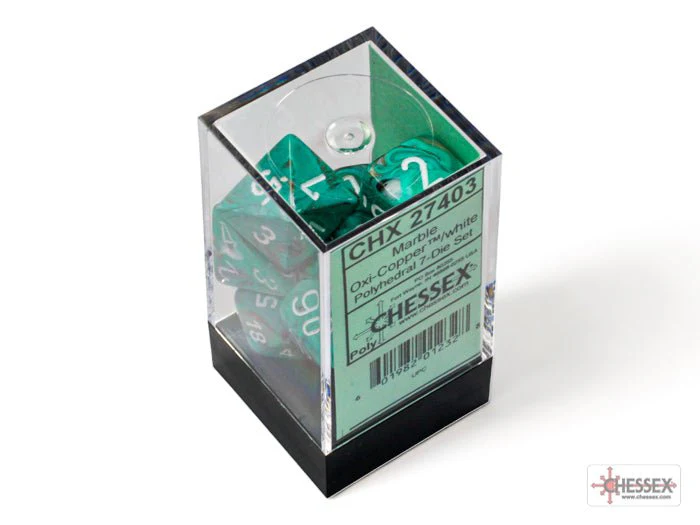 Chessex - Marble Polyhedral 7 Dice Set - Oxi-Copper & White - Image 3