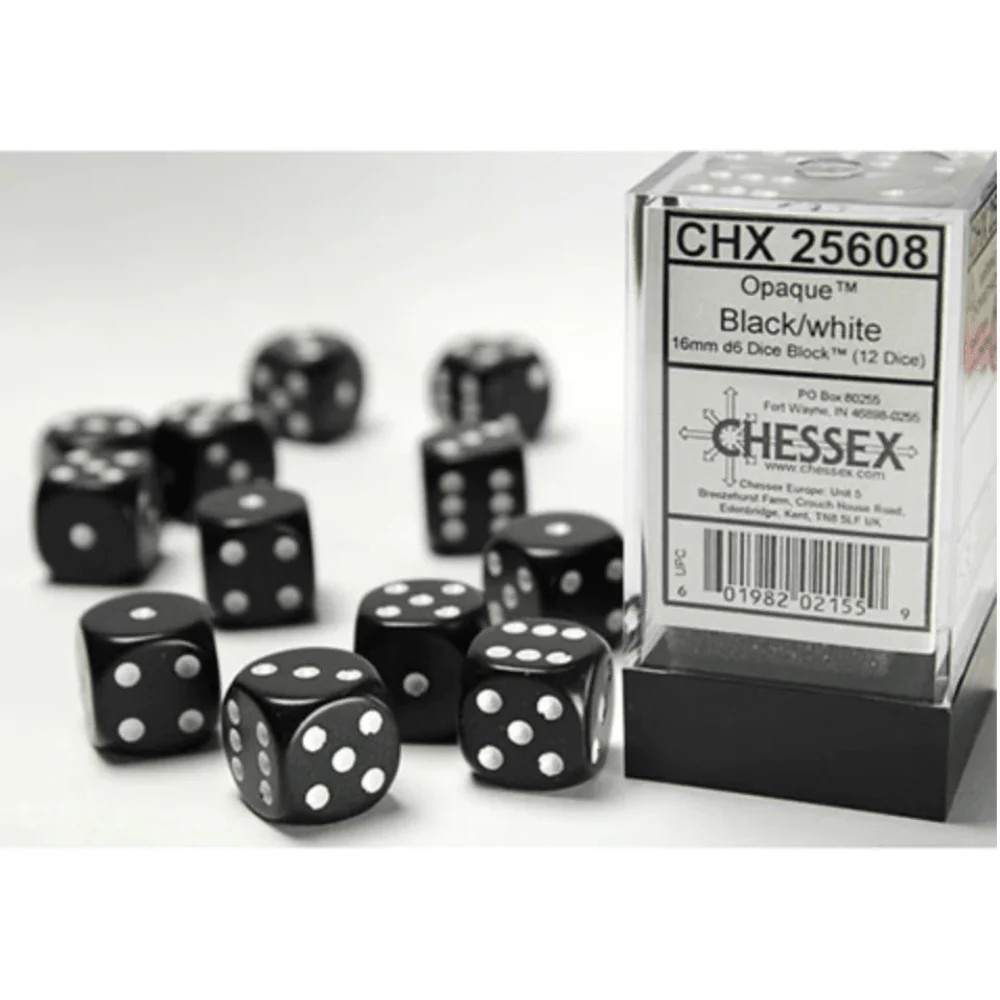 Chessex - Opaque 16mm D6 Dice Block - Black with White