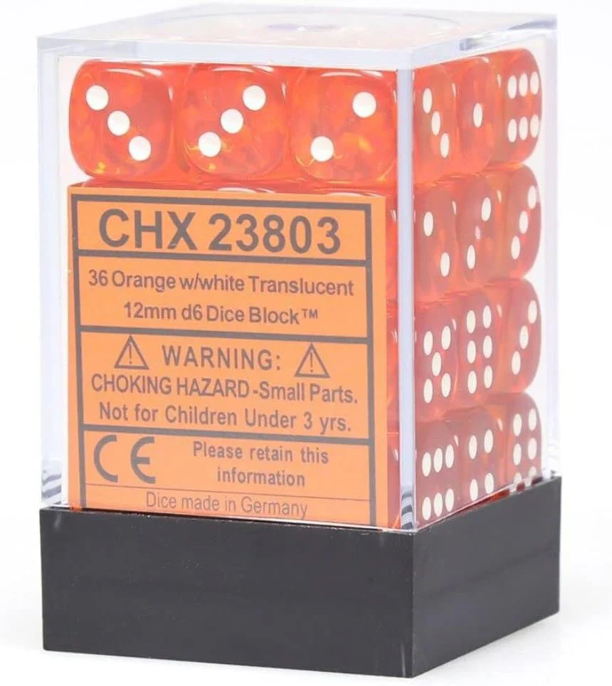 Chessex - Translucent 12mm D6 Dice Block - Orange with White - Image 2
